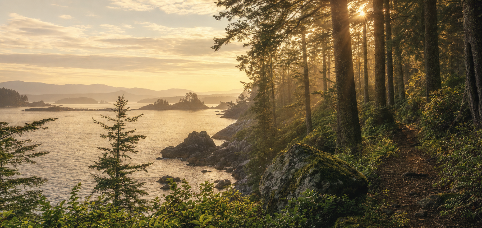 Golden light through coastal evergreen forest