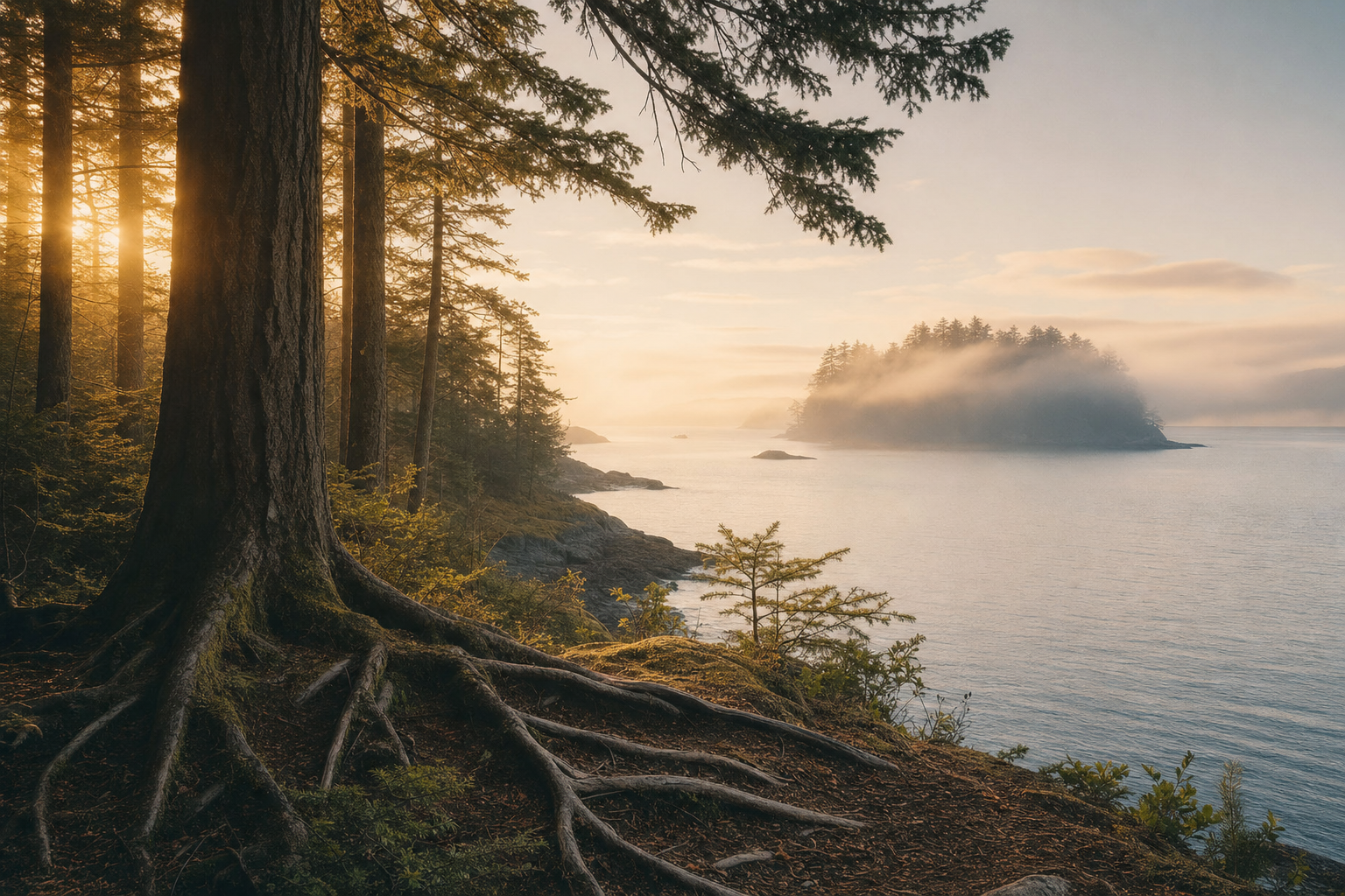 Soft morning light through evergreen trees along the Oregon coast